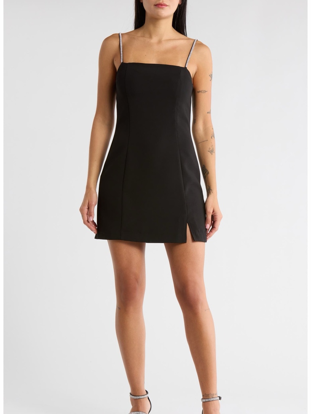 ASTR the Label Black Square Neck Mini Dress with Rhinestone Straps NWT Large